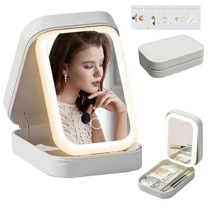 3-Color LED Travel Jewelry Case and Makeup Bag with Mirror